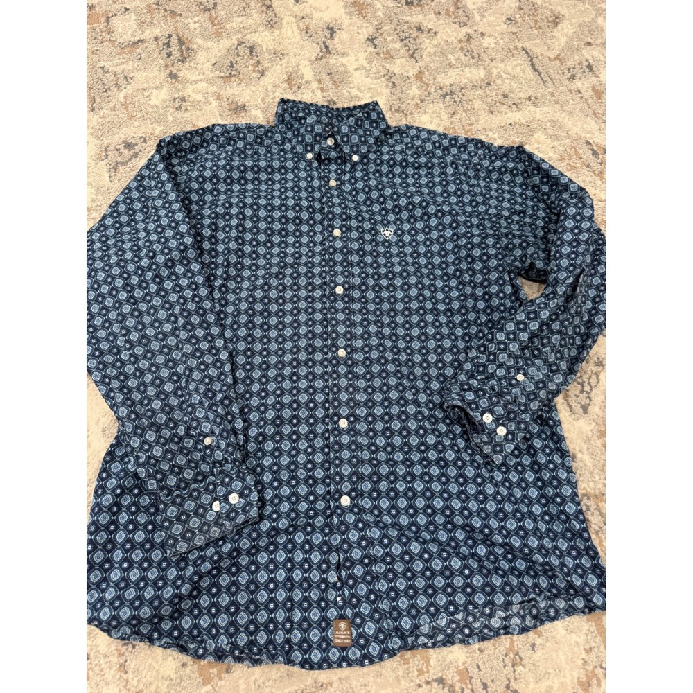 Ariat Mens Large Blue Geometric Medallion Print Cotton Western Button Down Shirt